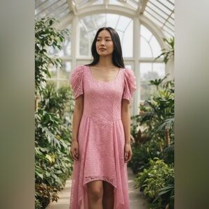 Dance Allure vintage formal dress 80s pink high-low lace puff sleeves drop waist